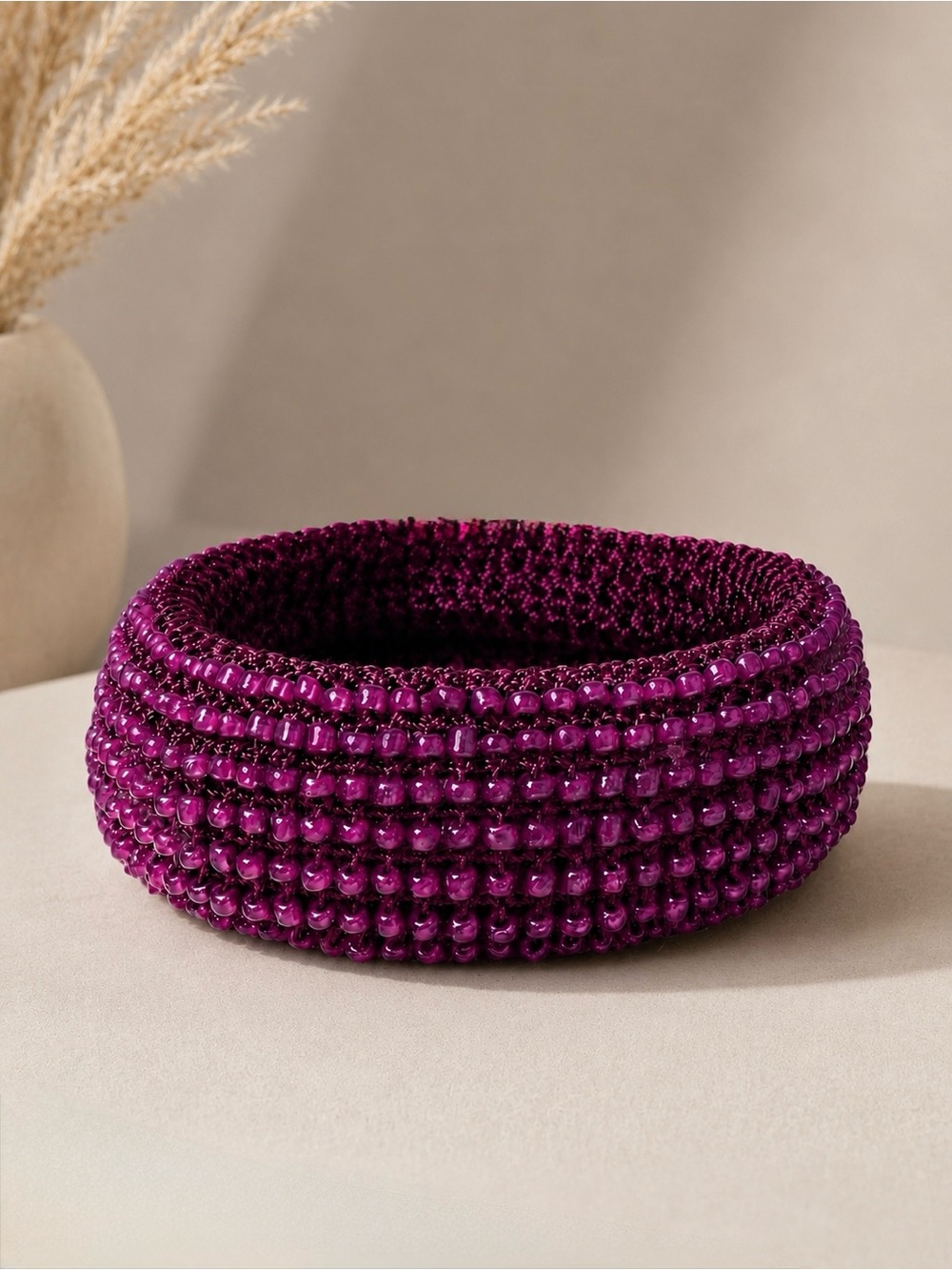 Handwoven Purple Seed Bead Crochet Cuff Bracelet Wide Boho Statement Bangle